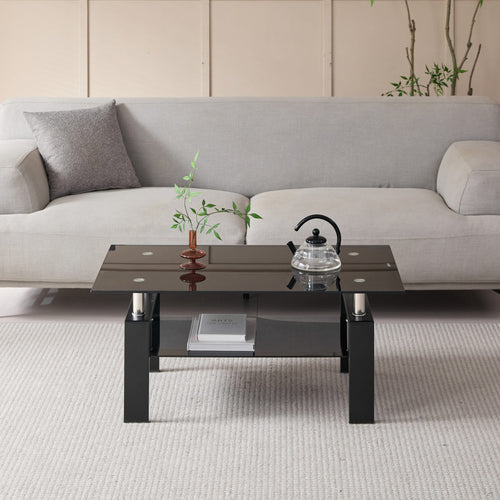 Modern Tempered Black Glass Coffee Table with 2-Layers and Waterfall Edges for Living Room - Image 6