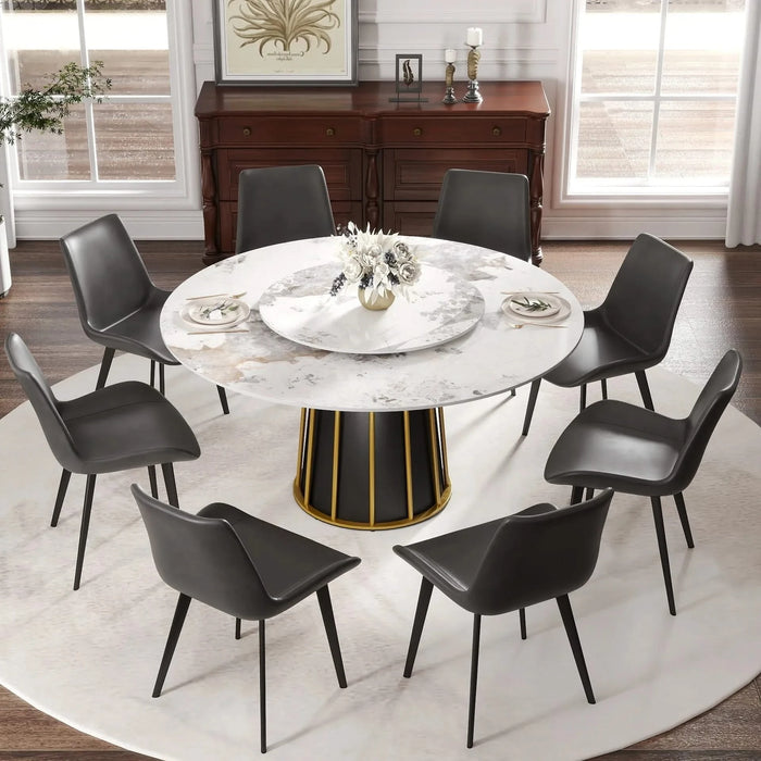 59.05'Modern Artificial Stone Round White Panel Metal Iron Base Dining Table-31.5'White Artificial Stone Turntable-Can Accommodate 6-8 People(Not Including Chairs) Default -DTYStore