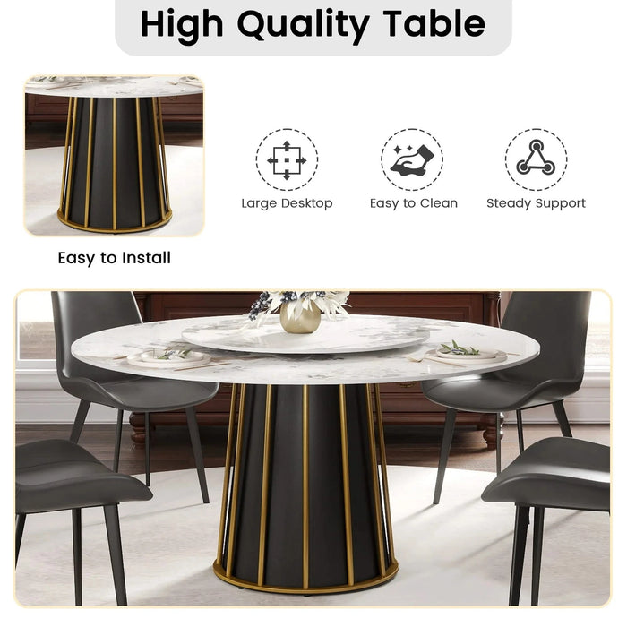 59.05'Modern Artificial Stone Round White Panel Metal Iron Base Dining Table-31.5'White Artificial Stone Turntable-Can Accommodate 6-8 People(Not Including Chairs) Default -DTYStore