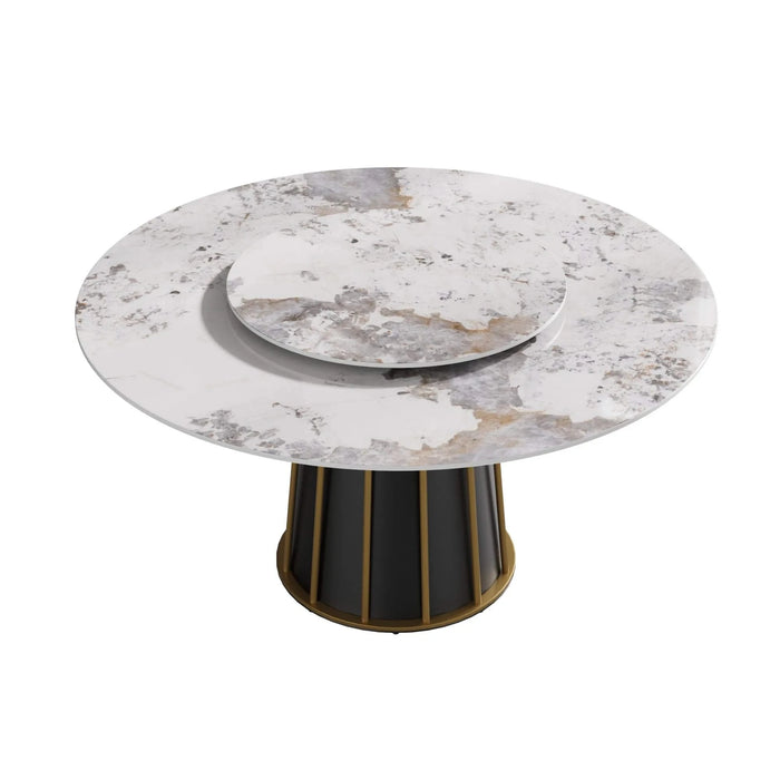 59.05'Modern Artificial Stone Round White Panel Metal Iron Base Dining Table-31.5'White Artificial Stone Turntable-Can Accommodate 6-8 People(Not Including Chairs) Default -DTYStore