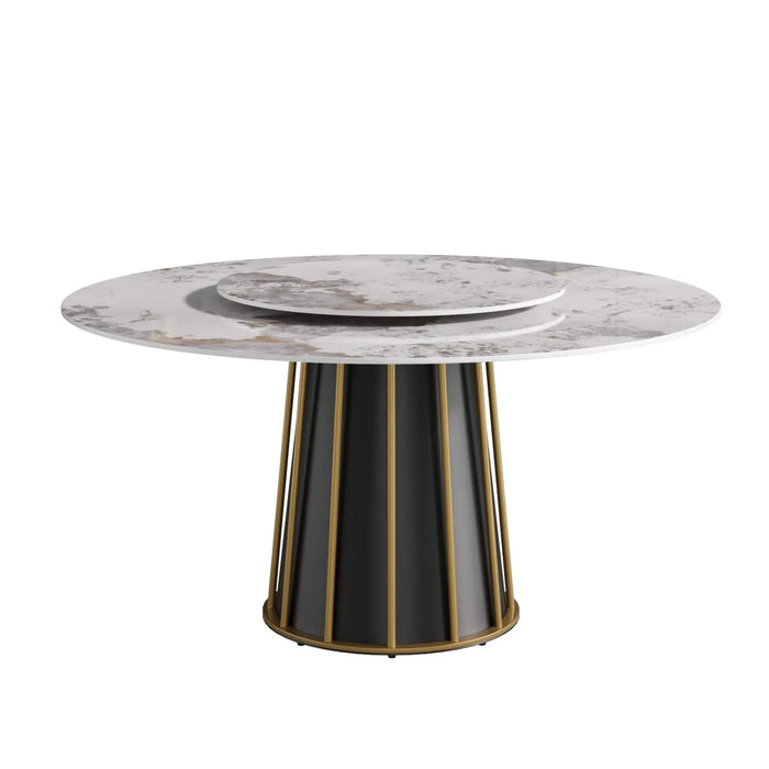 59.05'Modern Artificial Stone Round White Panel Metal Iron Base Dining Table-31.5'White Artificial Stone Turntable-Can Accommodate 6-8 People(Not Including Chairs) Default -DTYStore