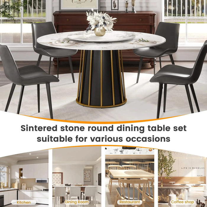 59.05'Modern Artificial Stone Round White Panel Metal Iron Base Dining Table-31.5'White Artificial Stone Turntable-Can Accommodate 6-8 People(Not Including Chairs) Default -DTYStore