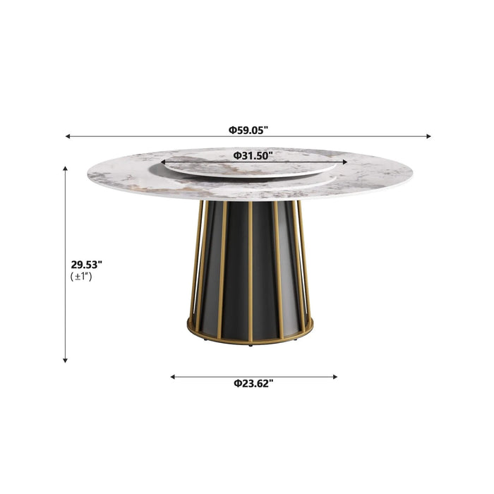 59.05'Modern Artificial Stone Round White Panel Metal Iron Base Dining Table-31.5'White Artificial Stone Turntable-Can Accommodate 6-8 People(Not Including Chairs) Default -DTYStore