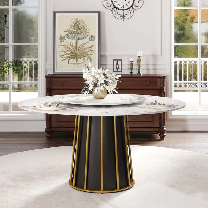 59.05'Modern Artificial Stone Round White Panel Metal Iron Base Dining Table-31.5'White Artificial Stone Turntable-Can Accommodate 6-8 People(Not Including Chairs) Default -DTYStore