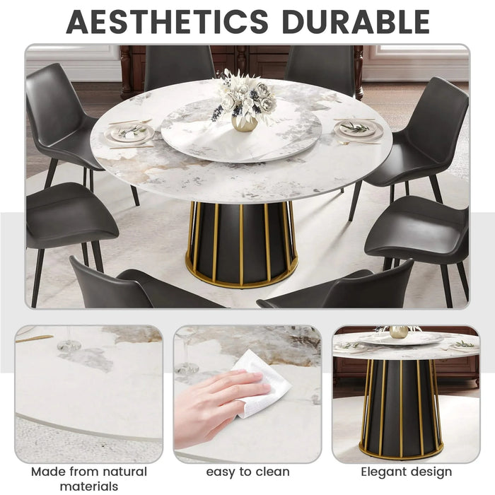 59.05'Modern Artificial Stone Round White Panel Metal Iron Base Dining Table-31.5'White Artificial Stone Turntable-Can Accommodate 6-8 People(Not Including Chairs) Default -DTYStore