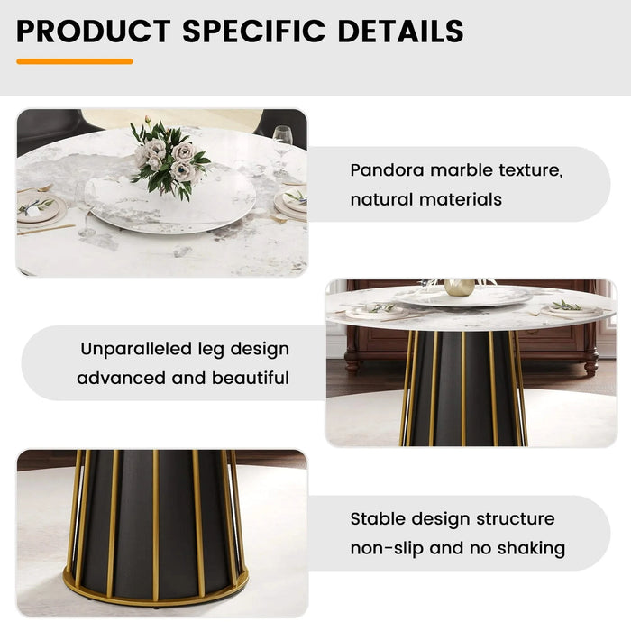 59.05'Modern Artificial Stone Round White Panel Metal Iron Base Dining Table-31.5'White Artificial Stone Turntable-Can Accommodate 6-8 People(Not Including Chairs) Default -DTYStore