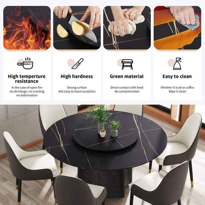 59.05' Round Marble Dining Table with Black Textured Solid Wood Base, Artificial Marble for 6-8 People, 31.5'Black Artificial Stone Turntable,Black (Dining Table Only) Default -DTYStore
