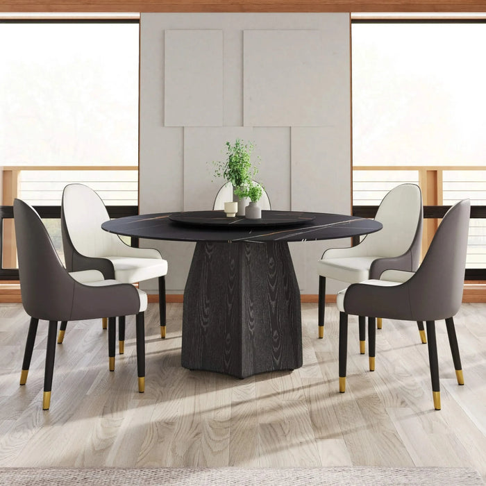59.05' Round Marble Dining Table with Black Textured Solid Wood Base, Artificial Marble for 6-8 People, 31.5'Black Artificial Stone Turntable,Black (Dining Table Only) Default -DTYStore