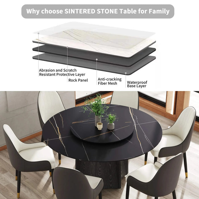 59.05' Round Marble Dining Table with Black Textured Solid Wood Base, Artificial Marble for 6-8 People, 31.5'Black Artificial Stone Turntable,Black (Dining Table Only) Default -DTYStore