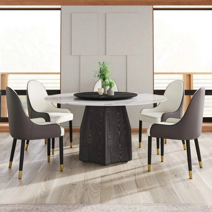 59.05' Round Marble Dining Table with Black Textured Solid Wood Base, Artificial Marble for 6-8 People, 31.5'Black Artificial Stone Turntable,White&Black (Dining Table Only) Default -DTYStore