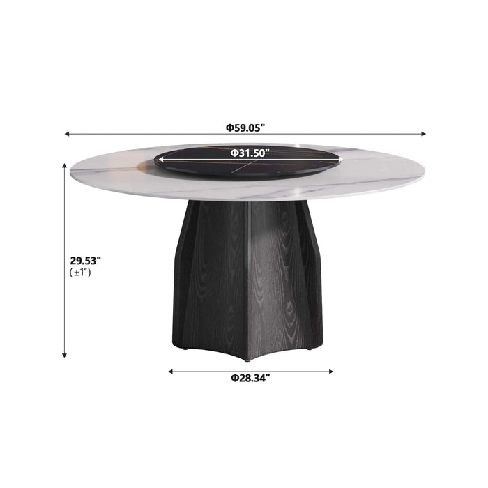 59.05' Round Marble Dining Table with Black Textured Solid Wood Base, Artificial Marble for 6-8 People, 31.5'Black Artificial Stone Turntable,White&Black (Dining Table Only) Default -DTYStore