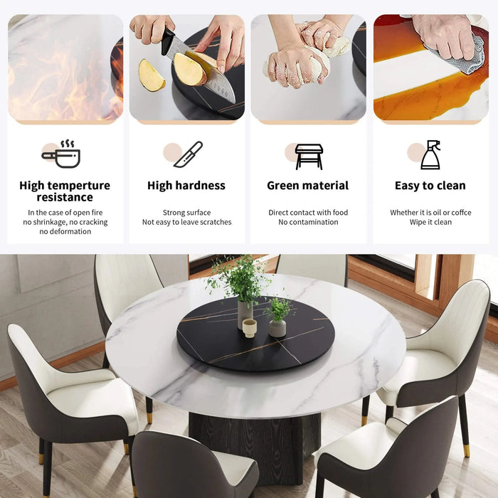 59.05' Round Marble Dining Table with Black Textured Solid Wood Base, Artificial Marble for 6-8 People, 31.5'Black Artificial Stone Turntable,White&Black (Dining Table Only) Default -DTYStore