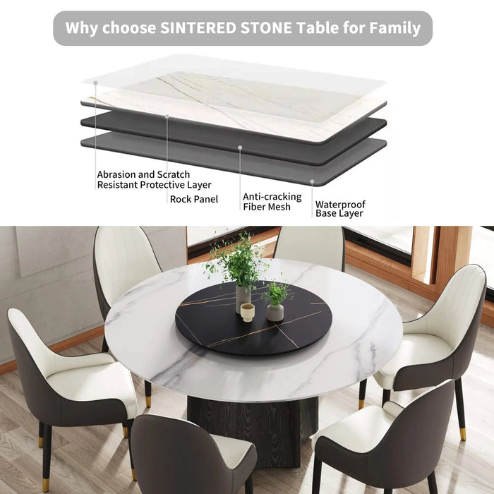 59.05' Round Marble Dining Table with Black Textured Solid Wood Base, Artificial Marble for 6-8 People, 31.5'Black Artificial Stone Turntable,White&Black (Dining Table Only) Default -DTYStore
