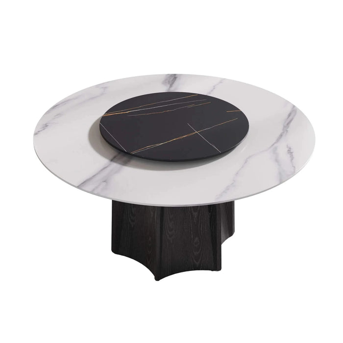 59.05' Round Marble Dining Table with Black Textured Solid Wood Base, Artificial Marble for 6-8 People, 31.5'Black Artificial Stone Turntable,White&Black (Dining Table Only) Default -DTYStore
