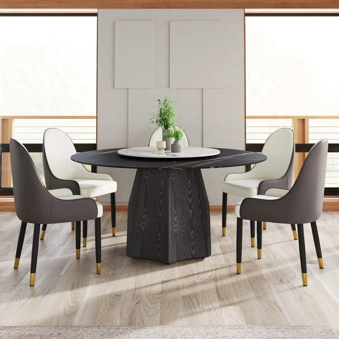 59.05' Round Marble Dining Table with Black Textured Solid Wood Base, Artificial Marble for 6-8 People, 31.5'White Artificial Stone Turntable,White&Black (Dining Table Only) Default -DTYStore