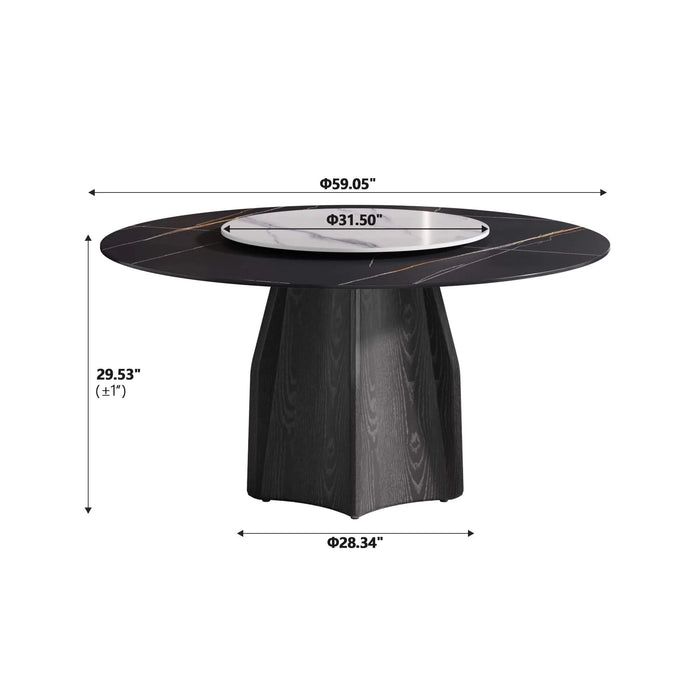 59.05' Round Marble Dining Table with Black Textured Solid Wood Base, Artificial Marble for 6-8 People, 31.5'White Artificial Stone Turntable,White&Black (Dining Table Only) Default -DTYStore