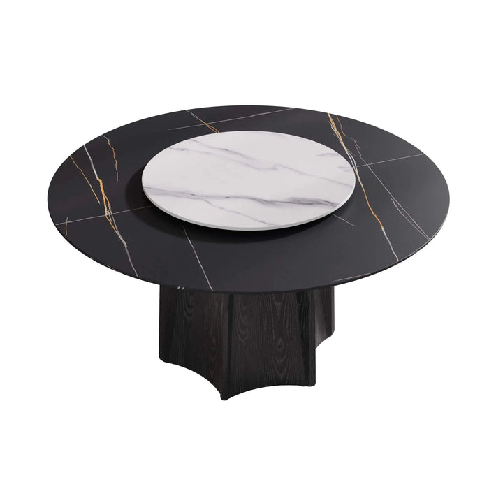 59.05' Round Marble Dining Table with Black Textured Solid Wood Base, Artificial Marble for 6-8 People, 31.5'White Artificial Stone Turntable,White&Black (Dining Table Only) Default -DTYStore