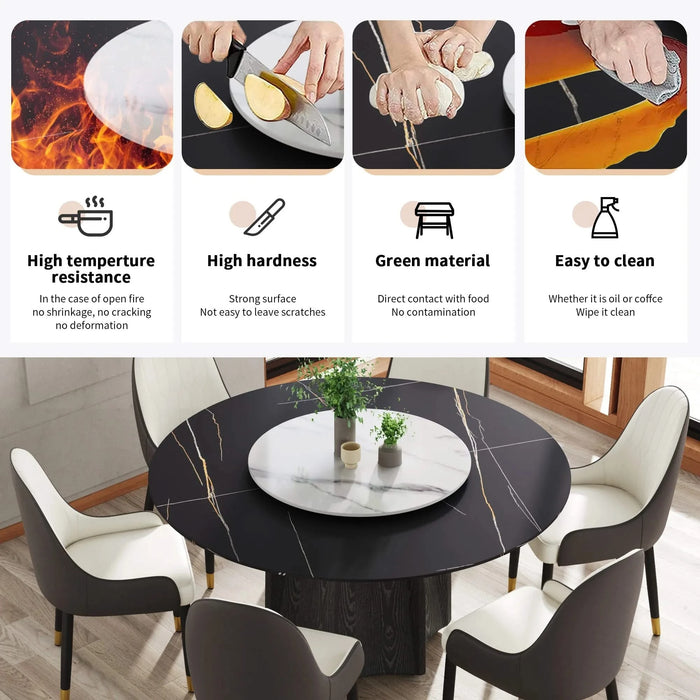 59.05' Round Marble Dining Table with Black Textured Solid Wood Base, Artificial Marble for 6-8 People, 31.5'White Artificial Stone Turntable,White&Black (Dining Table Only) Default -DTYStore