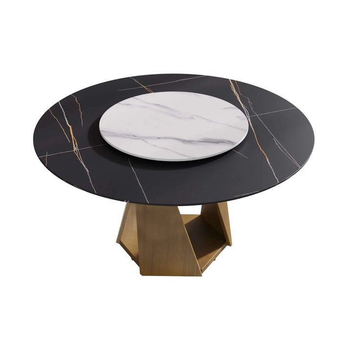 59.05' Round Marble Dining Table with Bronze Iron Metal Base, Artificial Marble for 6-8 People, 31.5'White Artificial Stone Turntable,White&Black (Dining Table Only) Default -DTYStore