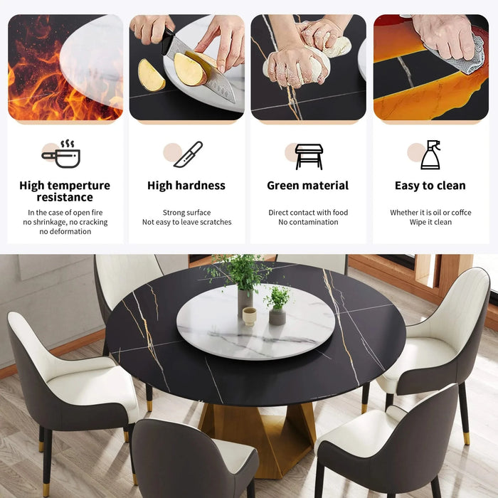 59.05' Round Marble Dining Table with Bronze Iron Metal Base, Artificial Marble for 6-8 People, 31.5'White Artificial Stone Turntable,White&Black (Dining Table Only) Default -DTYStore