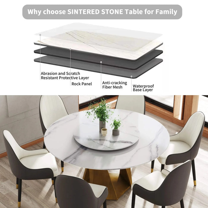 59.05' Round Marble Dining Table with Bronze Iron Metal Base, Artificial Marble for 6-8 People, 31.5'White Artificial Stone Turntable,White (Dining Table Only) Default -DTYStore