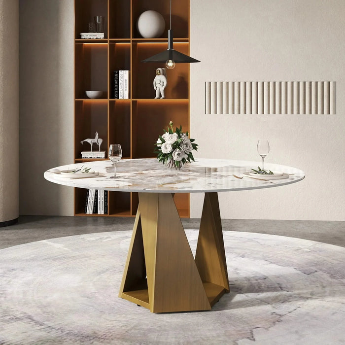 59.05' Round Marble Dining Table with Bronze Iron Metal Base, Artificial Marble for 6-8 People, Dining Room/Living Room Kitchen Dining Table,White (Dining Table Only) Default -DTYStore