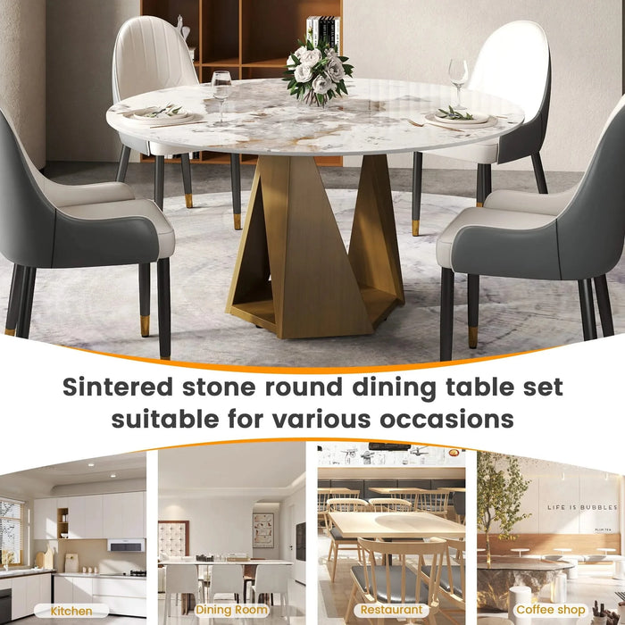 59.05' Round Marble Dining Table with Bronze Iron Metal Base, Artificial Marble for 6-8 People, Dining Room/Living Room Kitchen Dining Table,White (Dining Table Only) Default -DTYStore