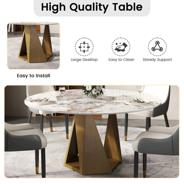 59.05' Round Marble Dining Table with Bronze Iron Metal Base, Artificial Marble for 6-8 People, Dining Room/Living Room Kitchen Dining Table,White (Dining Table Only) Default -DTYStore