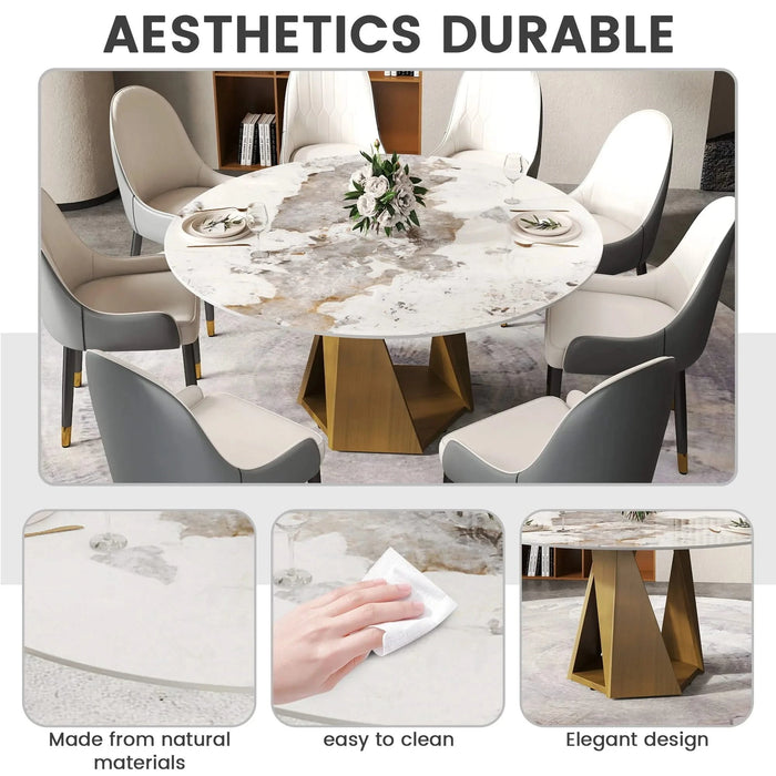 59.05' Round Marble Dining Table with Bronze Iron Metal Base, Artificial Marble for 6-8 People, Dining Room/Living Room Kitchen Dining Table,White (Dining Table Only) Default -DTYStore