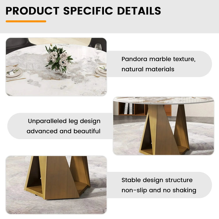 59.05' Round Marble Dining Table with Bronze Iron Metal Base, Artificial Marble for 6-8 People, Dining Room/Living Room Kitchen Dining Table,White (Dining Table Only) Default -DTYStore