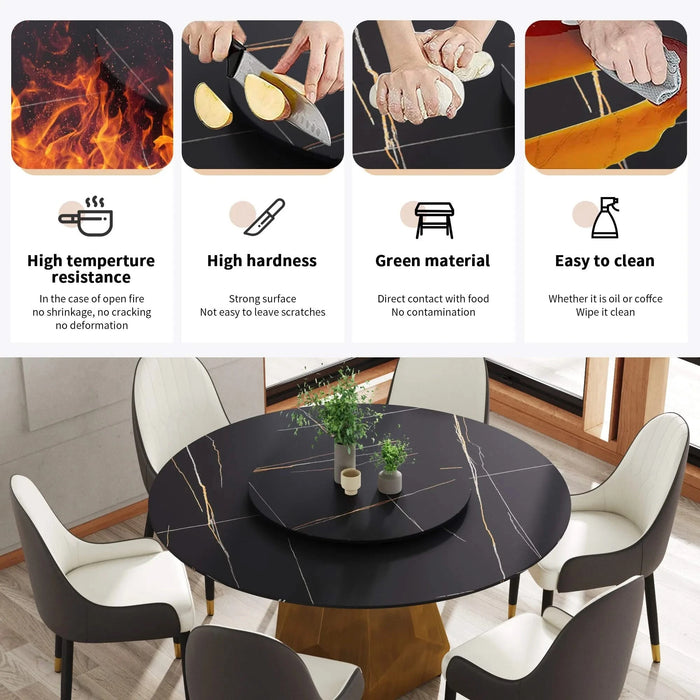 59.05' Round Marble Dining Table with Metal Base, Artificial Marble for 6-8 People, 31.5'Black Artificial Stone Turntable,Black (Dining Table Only) Default -DTYStore