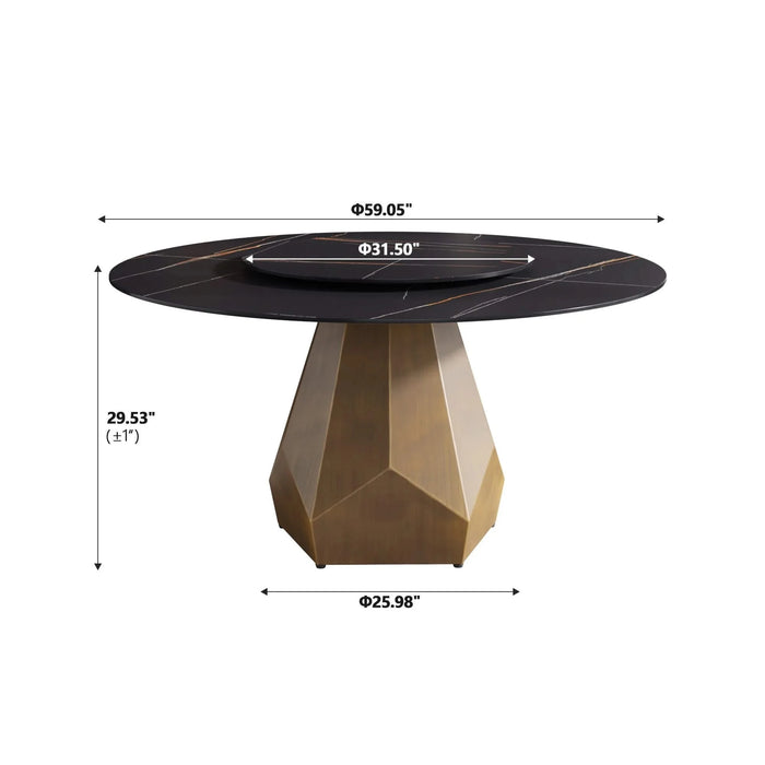59.05' Round Marble Dining Table with Metal Base, Artificial Marble for 6-8 People, 31.5'Black Artificial Stone Turntable,Black (Dining Table Only) Default -DTYStore