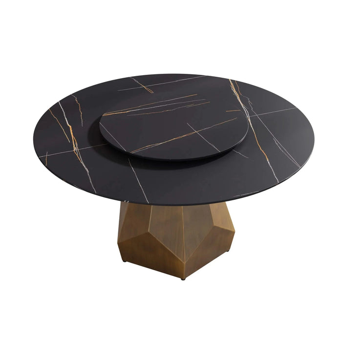 59.05' Round Marble Dining Table with Metal Base, Artificial Marble for 6-8 People, 31.5'Black Artificial Stone Turntable,Black (Dining Table Only) Default -DTYStore