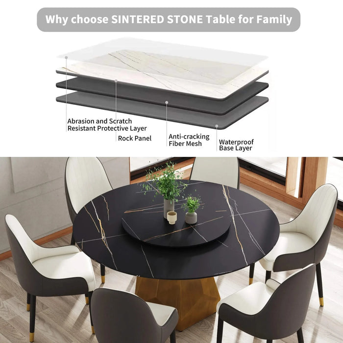 59.05' Round Marble Dining Table with Metal Base, Artificial Marble for 6-8 People, 31.5'Black Artificial Stone Turntable,Black (Dining Table Only) Default -DTYStore