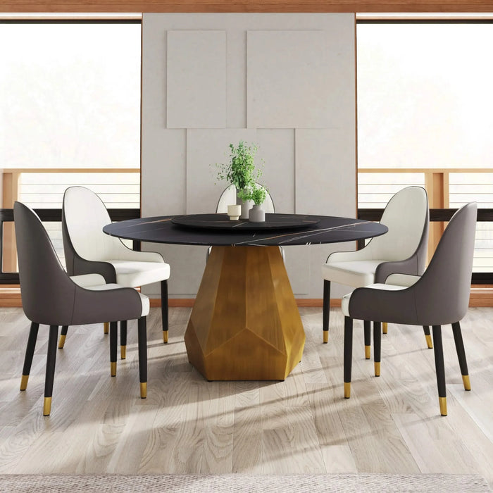 59.05' Round Marble Dining Table with Metal Base, Artificial Marble for 6-8 People, 31.5'Black Artificial Stone Turntable,Black (Dining Table Only) Default -DTYStore