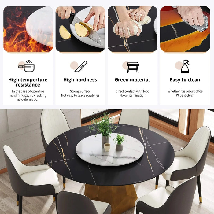 59.05' Round Marble Dining Table with Metal Base, Artificial Marble for 6-8 People, 31.5'White Artificial Stone Turntable,White&Black (Dining Table Only) Default -DTYStore