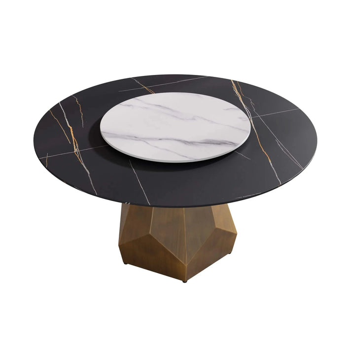 59.05' Round Marble Dining Table with Metal Base, Artificial Marble for 6-8 People, 31.5'White Artificial Stone Turntable,White&Black (Dining Table Only) Default -DTYStore