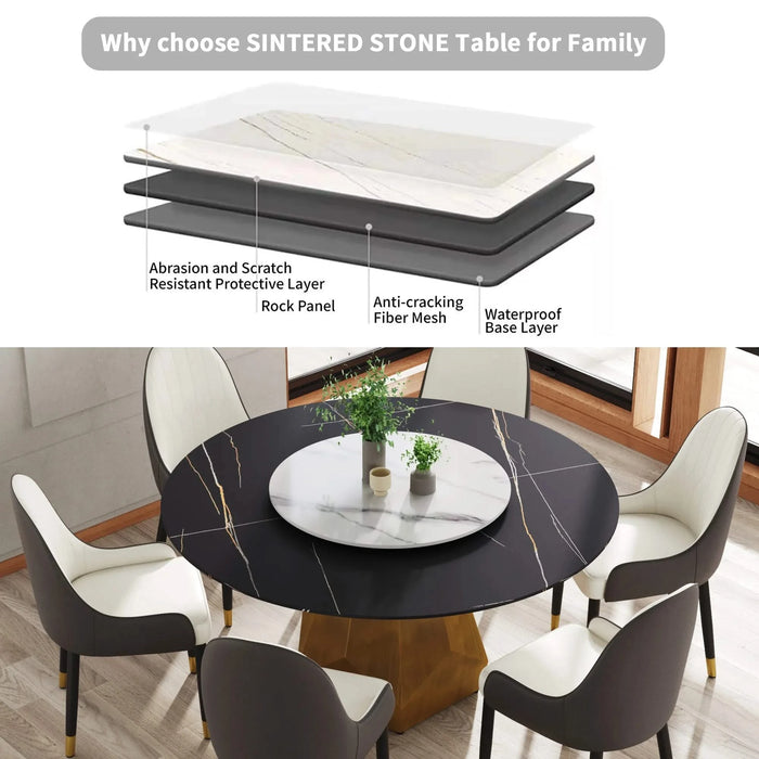 59.05' Round Marble Dining Table with Metal Base, Artificial Marble for 6-8 People, 31.5'White Artificial Stone Turntable,White&Black (Dining Table Only) Default -DTYStore