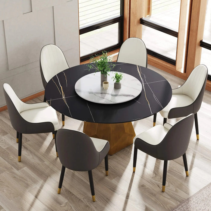 59.05' Round Marble Dining Table with Metal Base, Artificial Marble for 6-8 People, 31.5'White Artificial Stone Turntable,White&Black (Dining Table Only) Default -DTYStore