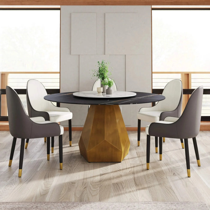 59.05' Round Marble Dining Table with Metal Base, Artificial Marble for 6-8 People, 31.5'White Artificial Stone Turntable,White&Black (Dining Table Only) Default -DTYStore