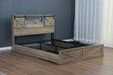 Farmhouse Bed Frame Queen Size with LED Lights and Charging Station, Wooden Queen Bed with 2 Storage Drawers, Rustic Headboard with Sliding Barn Door Storage Cabinets - DTYStore