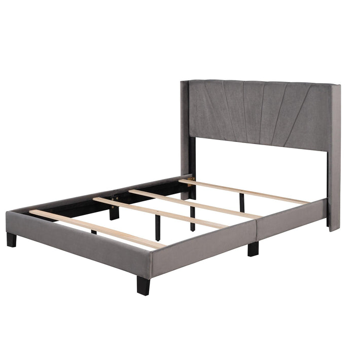 Queen Size Velvet Upholstered Platform Bed, Box Spring Needed - Gray - DTYStore