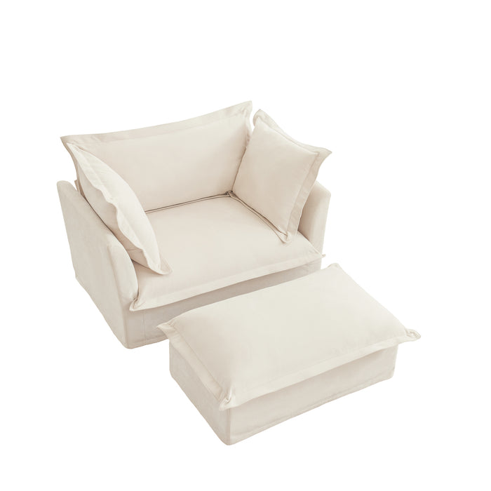 Upholstered Slipcovered Armchair with Ottoman, Deep Seat Armchair W/ Wide Ottoman for Living Room, Armchair Sets with Large Soft Pillows(Set of 2),Chenille Fabric,Cream