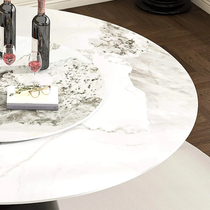 59' Marble Round Dining Table, Sintered Stone Round Dining Table with Stainless Steel Cone Base, Sturdy Dining Table for Kitchen Dining Room for 6-8 people Default -DTYStore