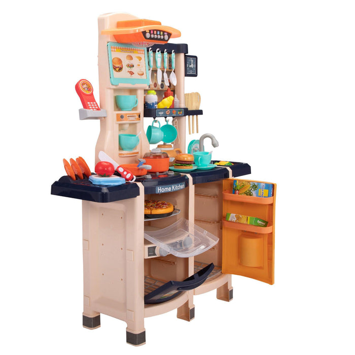 Large Pretend Play Kitchen Set Kids Cooking Playset with Realistic Lights, Vivid Sounds, Play Phone, Clock and 65 Pcs Accessories, 3 +, Blue - DTYStore