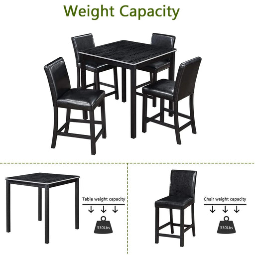 5PCs Counter Height Table Set, Wooden Kitchen Table Set with Square Table and 4 Upholstered Chairs, Counter Height Dining Table with Crystal Decoration and Chair Set for Kitchen, Dining Room, Black Default -DTYStore
