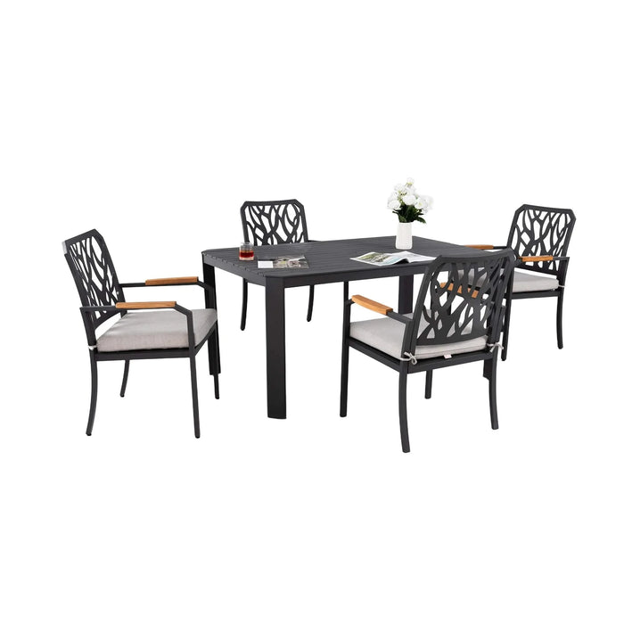 5PCs Outdoor Patio Aluminum Furniture Set, Modern Dining Set with 4 Dining Chairs Sunbrella Fabric Cushioned, Nature-Inspired Branch-Like Backrest, Rectangular Table with Umbrella Hole - Bourbon Brown Default -DTYStore