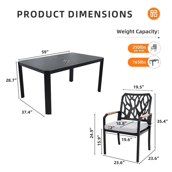 5PCs Outdoor Patio Aluminum Furniture Set, Modern Dining Set with 4 Dining Chairs Sunbrella Fabric Cushioned, Nature-Inspired Branch-Like Backrest, Rectangular Table with Umbrella Hole - Bourbon Brown Default -DTYStore