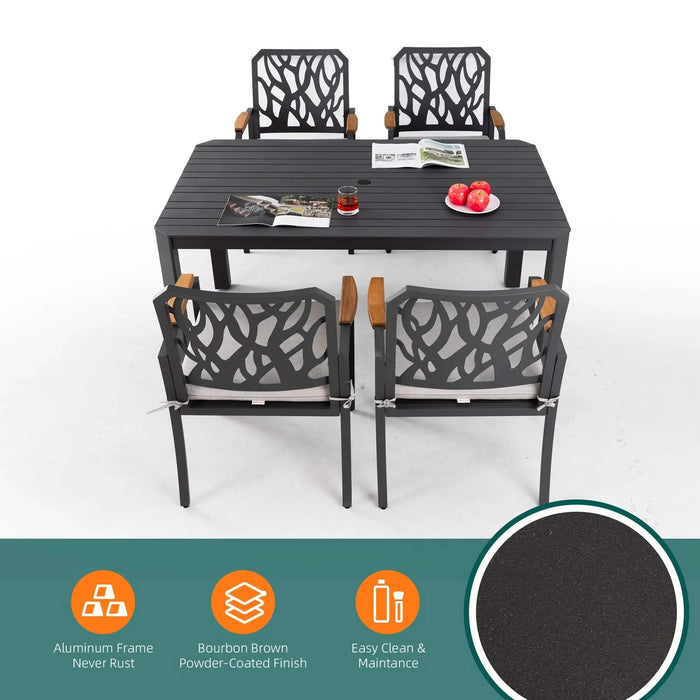 5PCs Outdoor Patio Aluminum Furniture Set, Modern Dining Set with 4 Dining Chairs Sunbrella Fabric Cushioned, Nature-Inspired Branch-Like Backrest, Rectangular Table with Umbrella Hole - Bourbon Brown Default -DTYStore