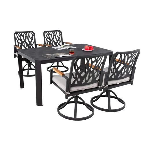 5PCs Outdoor Patio Aluminum Furniture Set, Modern Dining Set with 4 Swivel Rockers Sunbrella Fabric Cushioned, Nature-Inspired Branch-Like Backrest, Rectangular Table with Umbrella Hole, Bourbon Brown Default -DTYStore